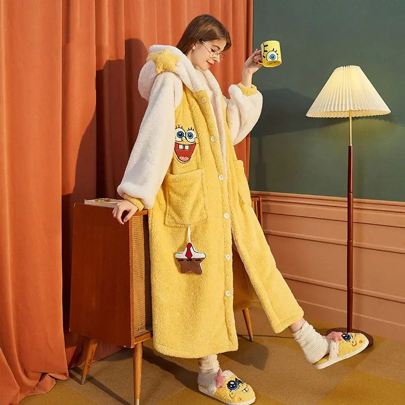 

New Kawaii Spongebob Square Patrick Star Winter Coral Fleece Girls Pajama Pants Cute Anime Warm Pajama Sets Robes Girl Gift