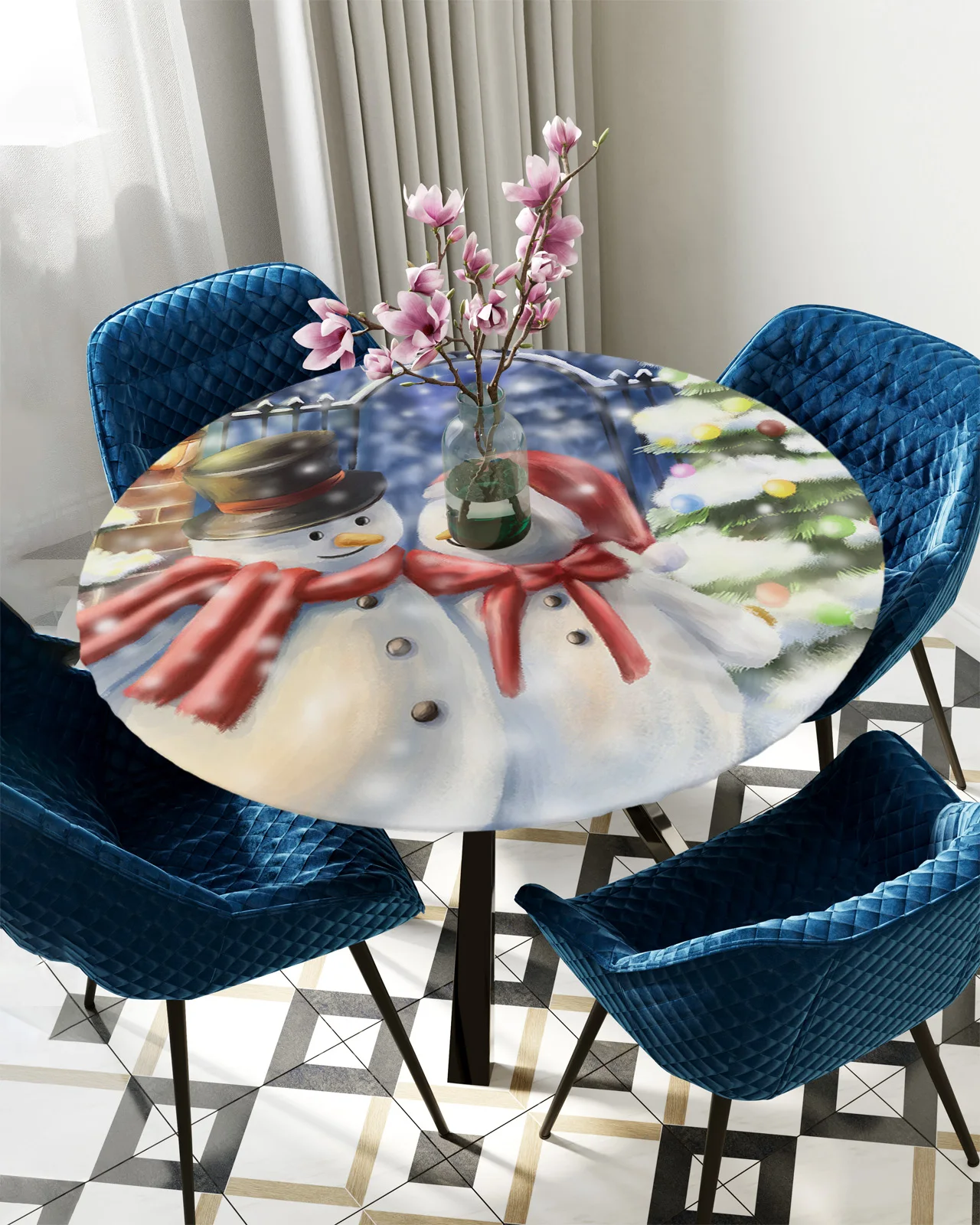 

Christmas Snowman Snowflake Round Table Cover Kitchen Waterproof Tablecloth Christmas Table Decor Elastic Tablecloth