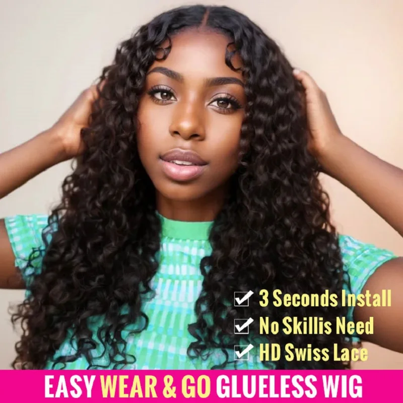 Wear Go Water Wave Glueless Wig Pre-Cut Lace 180% Pre-Plucked Natural Curly Human Hair Wigs For Women 9A