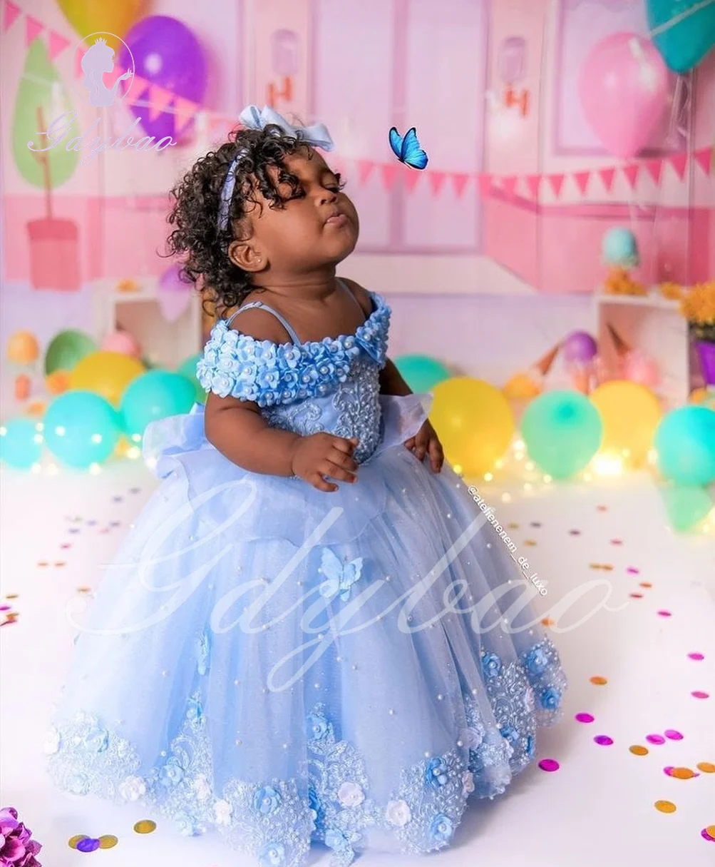 Синее платье с цветочным узором для девочек на свадьбу тюлевое пышное