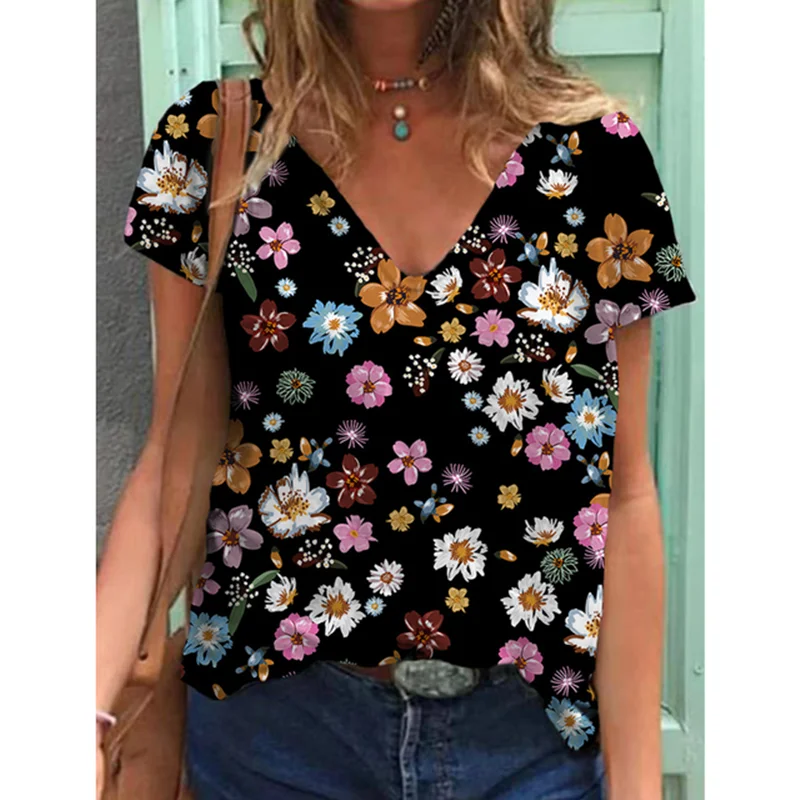 

2022 Floral T-Shirt Women's Basic V-neck Floral Theme Painting T-Shirt Korean Fashion Street Casual Women's Top 2022