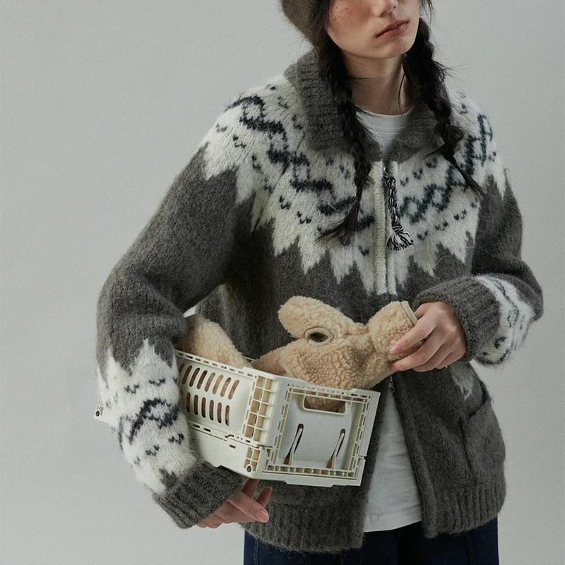 Fairisland серый жаккардовый свитер с кроликом и лацканами верхняя одежда женский