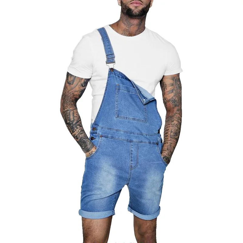 Men's Overalls Fashionable Denim Jumpsuit Bib Straps Short Jeans Men Fashion Streetwear Solid Color Straight Shorts