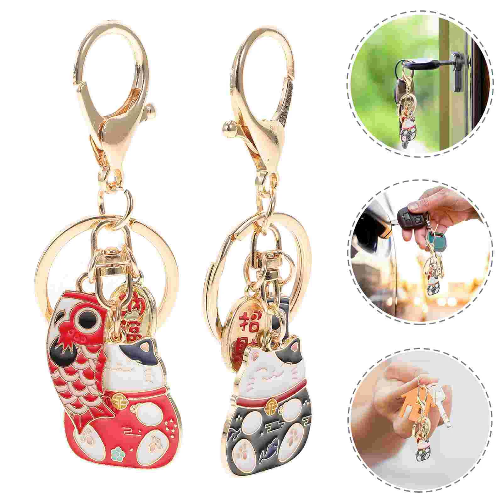 

2 Pcs Party Bag Fillers Key Ring Fortune Cat Pendant Decoration Car Schoolbag Zinc Alloy New Year Themed Keychain Hanging Miss