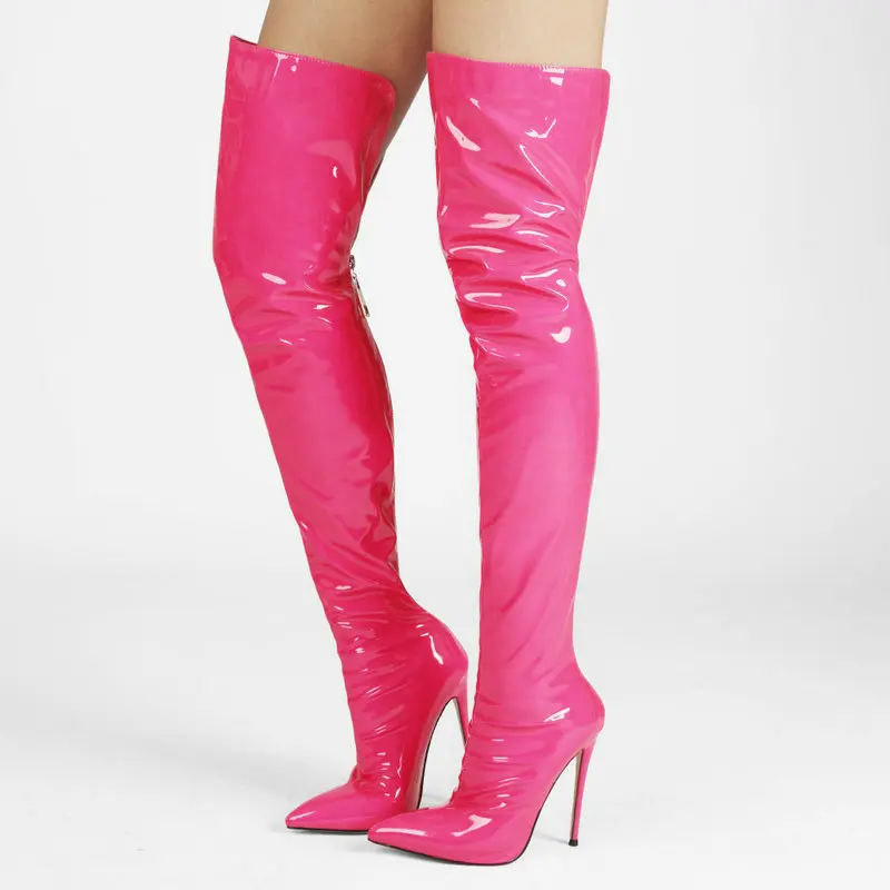 

Fashion Patent Leather Women Over Knee Boots Back Zipper Long Boots Ladies Pointed Toe Sexy High Heels Shoes Sapatos Femininos