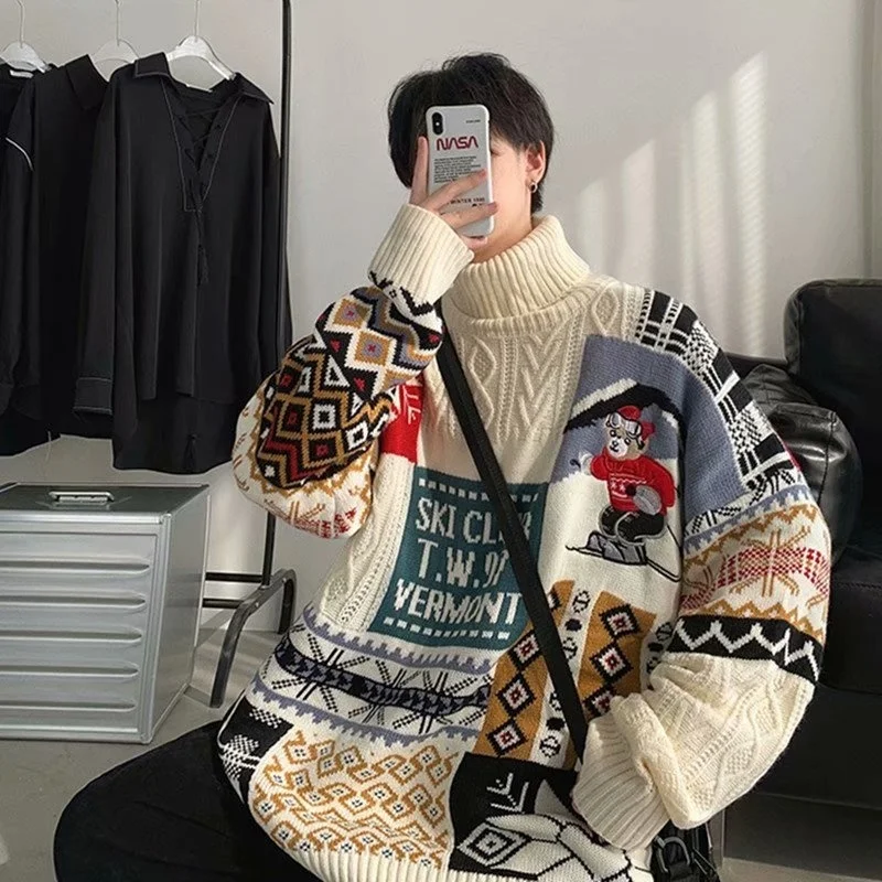 

2022 Winter Men Turtleneck Sweaters Christmas ski bear Knitted Pullovers Casual Sweaters Male Knitwear Hip Hop Pullovers