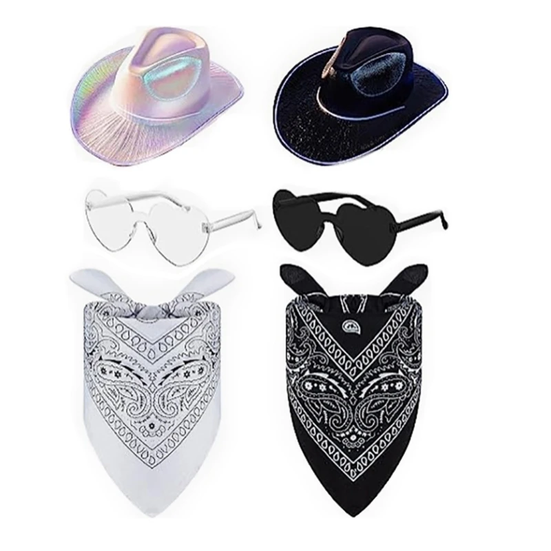 

L93F Colorful Cowboy Hat Sunglasses Bandana Set for Fashionable Party Look