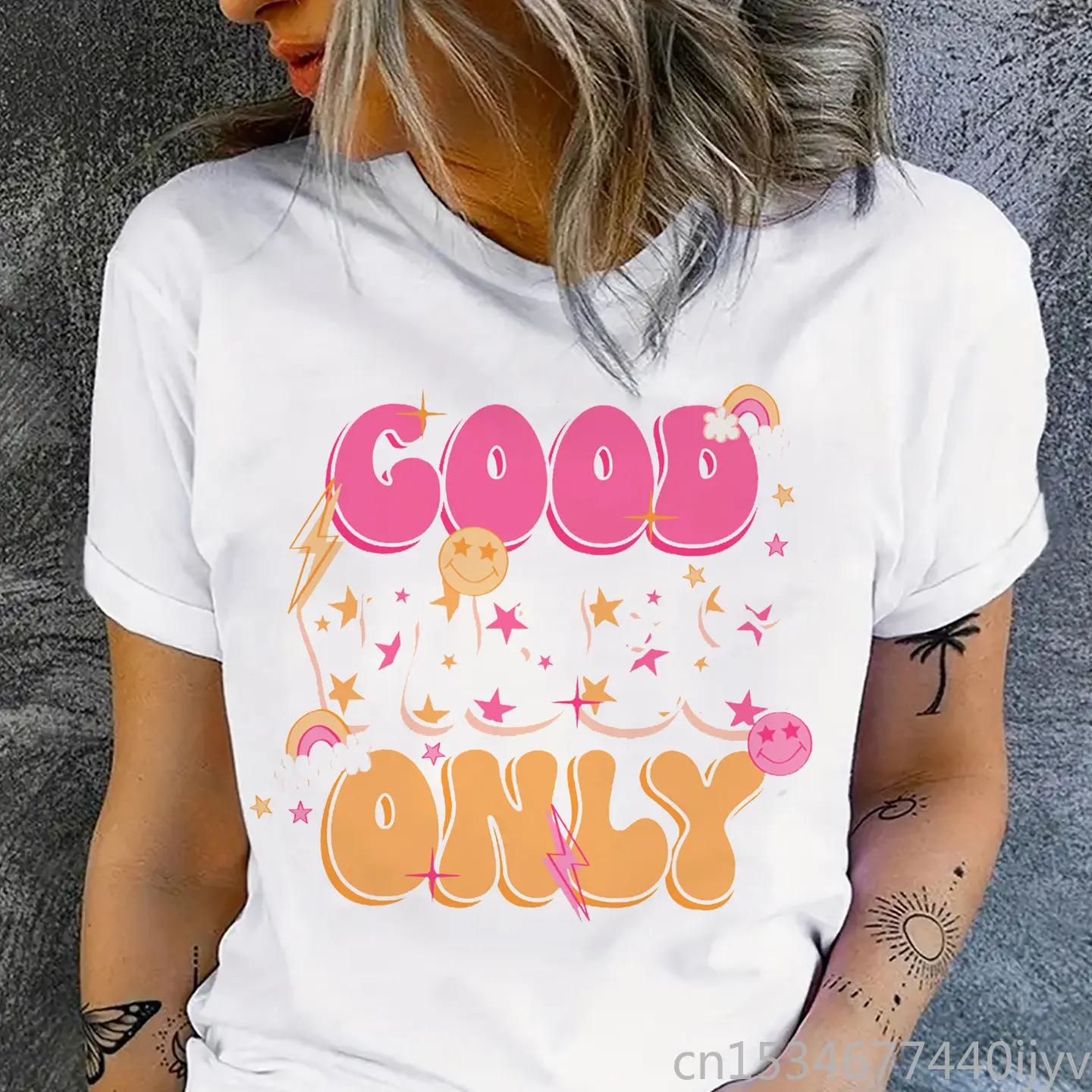 

Good Vibes Only Round Neck Clothes Women Ins Relaxed Summer Fashion Casual Short Sleeve Tshirt Top