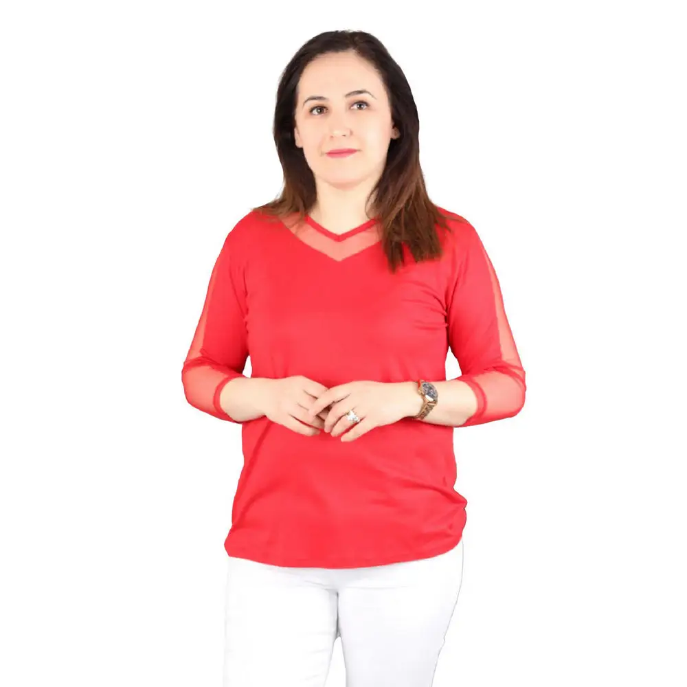 

Fierte Female Large Size Blouse Edby1544 V-Neck See-Through Detail Three Quarter Sleeve Combed Cotton Basic Sports Red Khaki Mustard Saks Blue Black