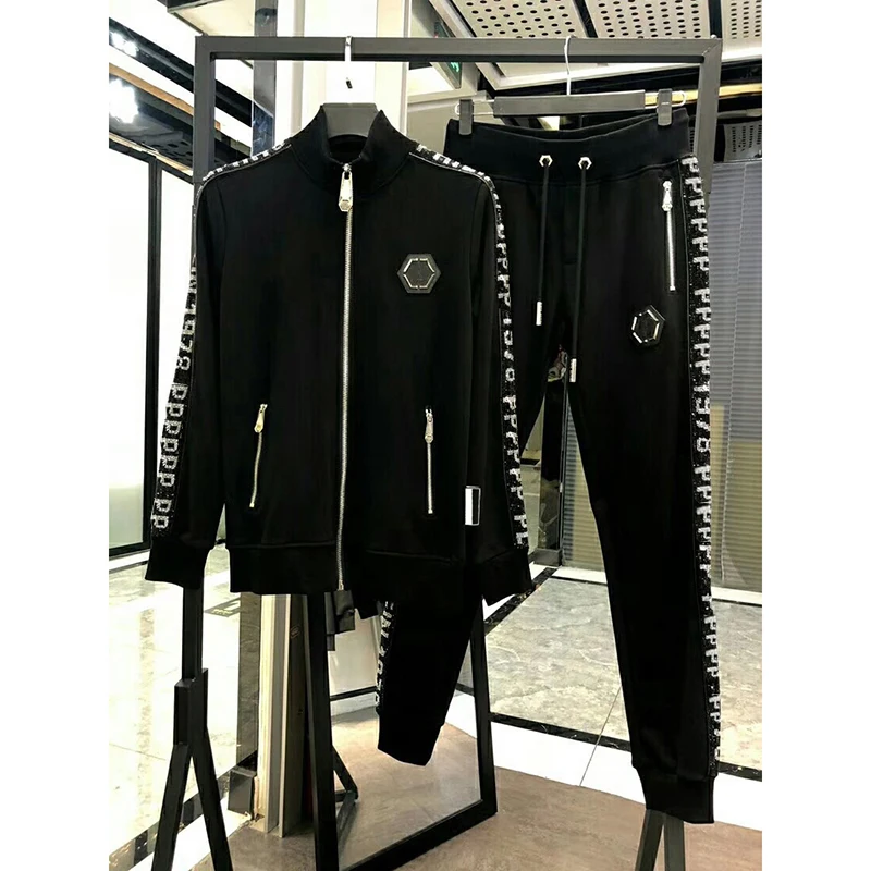 

Top Brand Men's Suits 100% Cotton Side Letters Diamonds 2 Piece Sweater Pants Italian Fashion High Quality Slim Fit uomo Luxury