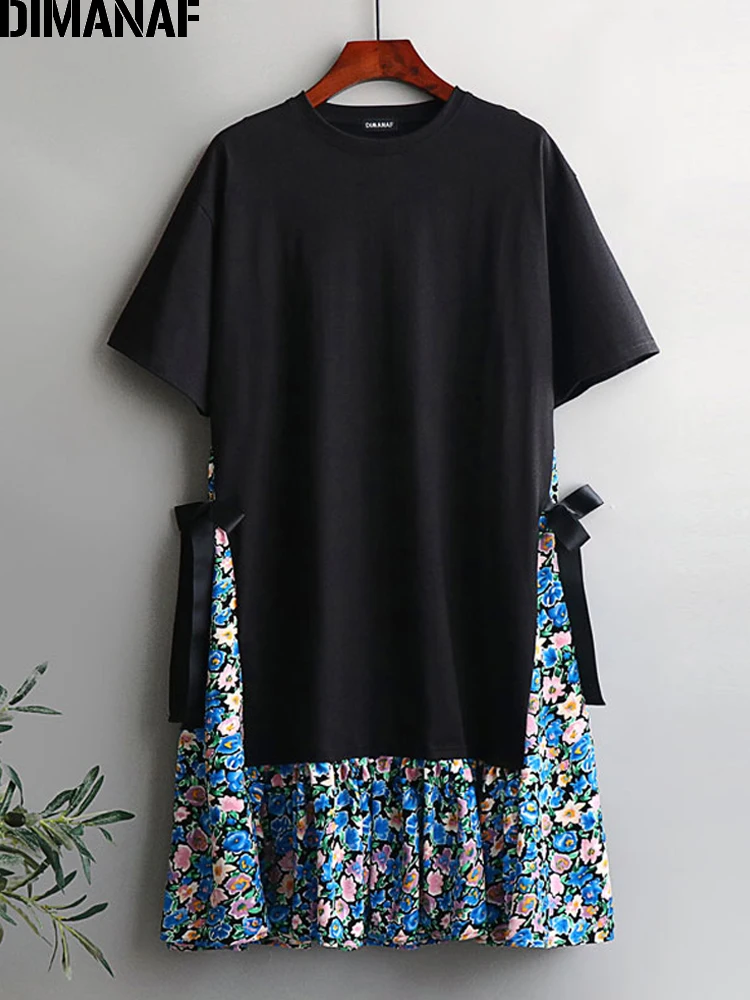 

DIMANAF Women Summer Dress Sundress Elegant Chiffon Flower Print Cotton Spliced Vestidos Loose Oversized Lady Long Dresses Black