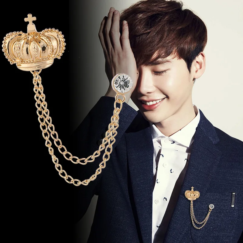 Корейский Британский Стиль Корона птица брошь крест костюм кисточка цепь лацкан