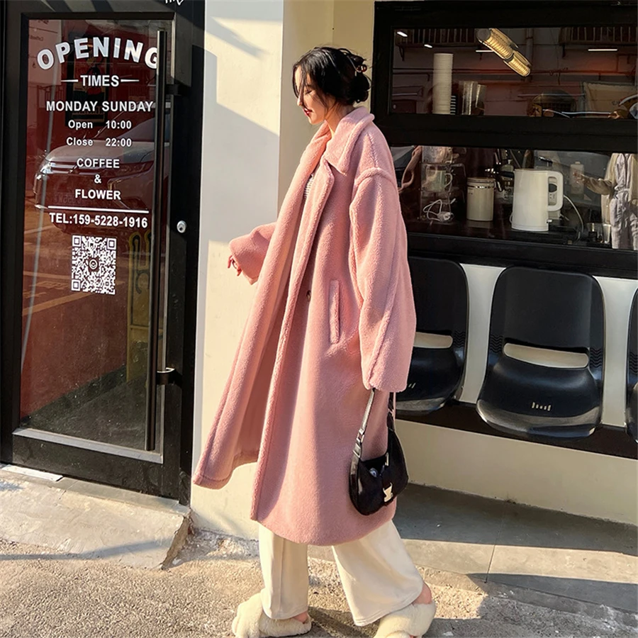 Thicken Warm Faux Lawb Wool Fur Long Coat Women Luxury Casaco Teddy Plush Overcoat Oversized Loose Outwear Korean Snow Jackets