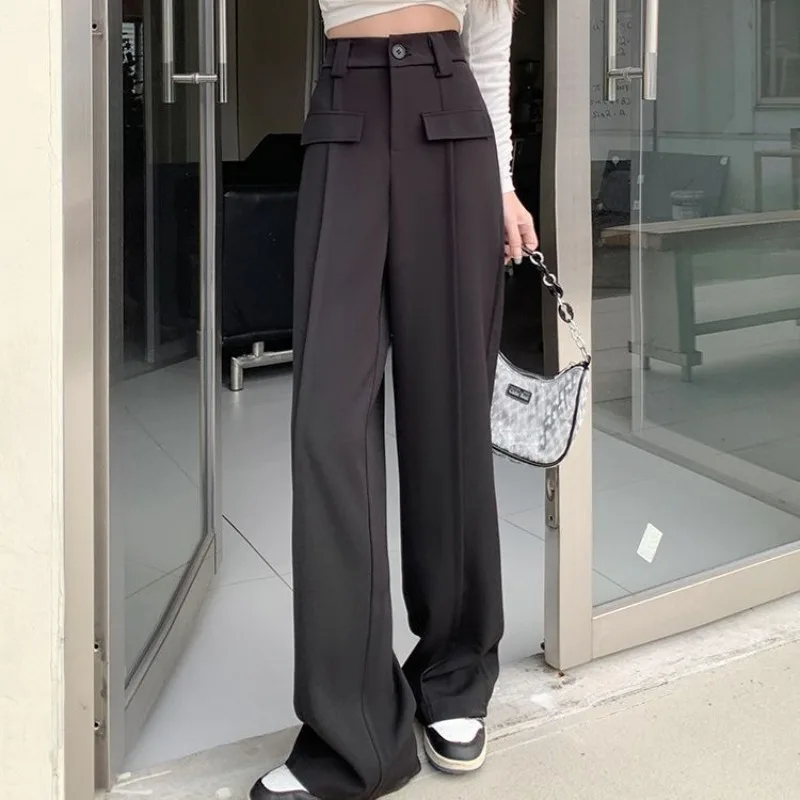 

High Waist Women's Solid Suit Pants Fall Straight Office Lady Korean Fashion Tailored Trousers Casual Button Loose Female Pants