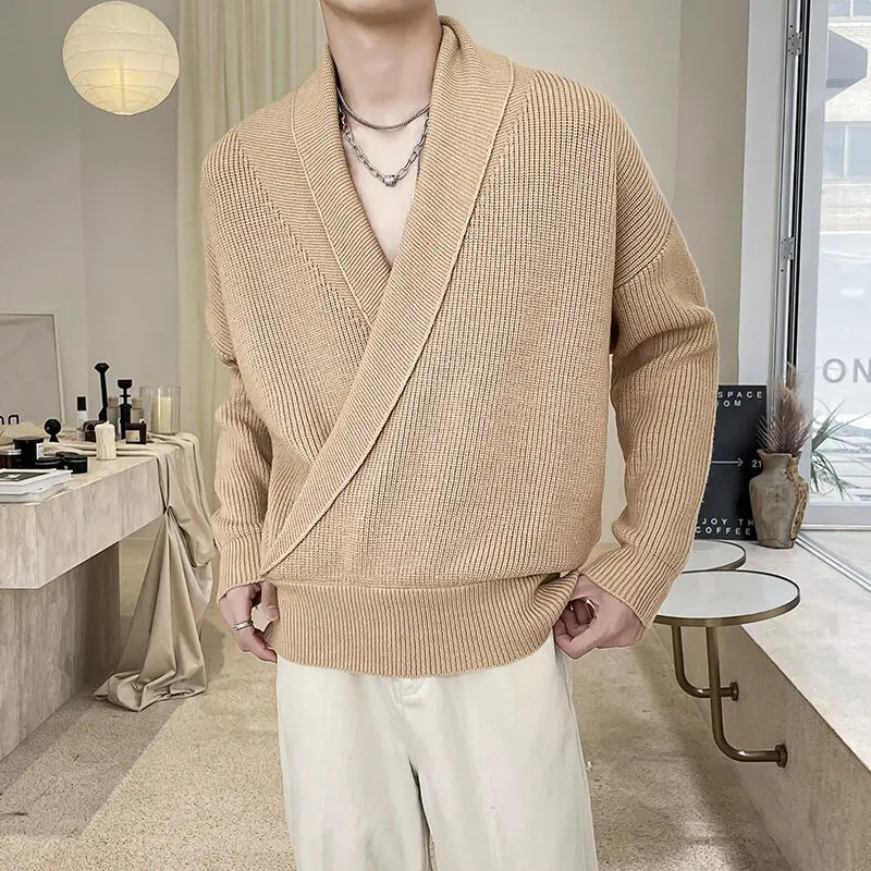 Men's Clothing New Fashion Big V Lapel Knit Sweater Loose Solid Color Sweater Cool and Handsome Men's Plus-size Sweater