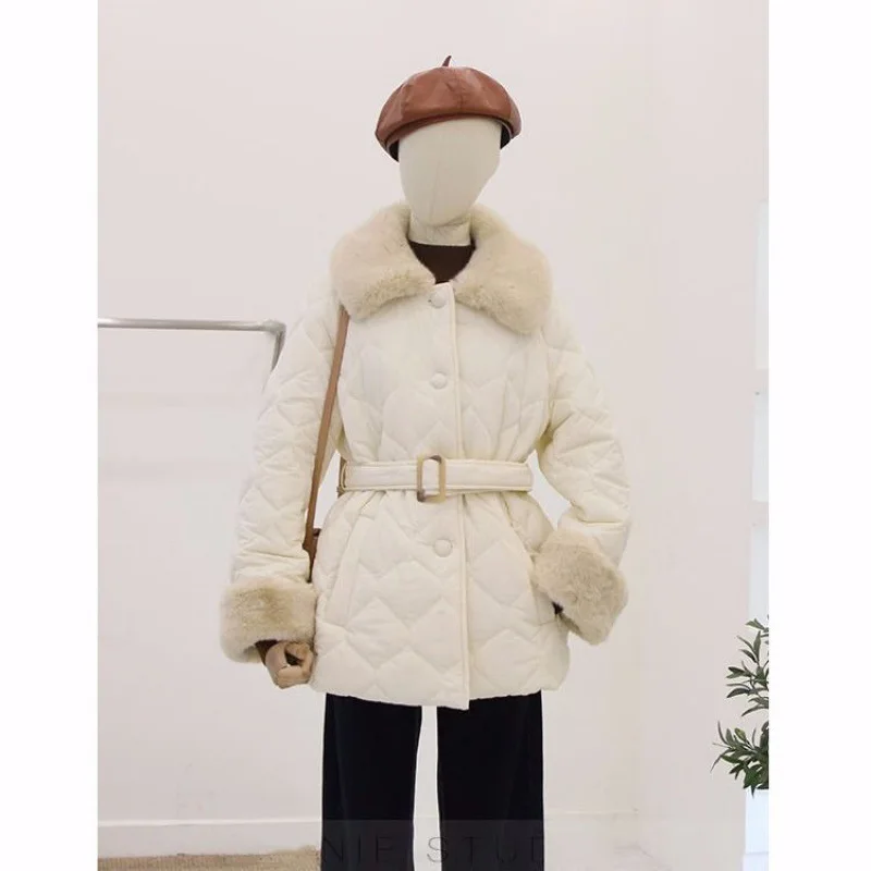 2022 White Lace Up Waist Korean Style Loose Long Winter Down Coat Women Long Female Chic  Argyle Jackets Buttons Padded Clothes
