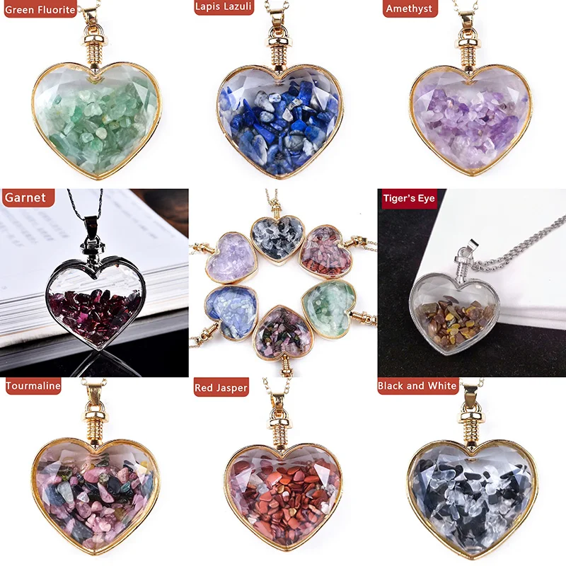 

Love Natural Crystal Gravel Filled Heart Pendant Necklace Healing Jewelry For Women Romantic Valentine Day Gift Home Decor