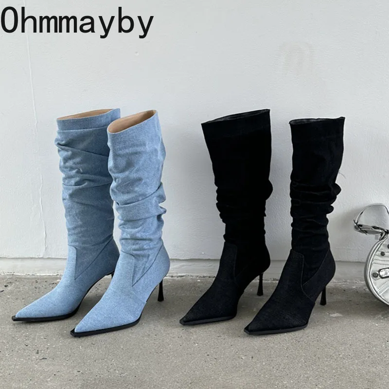 

Woman Western Cowgirl Boot Fashion Pointed Toe Long Knight Booties Winter Sexy Thin High Heel Women's Shoes