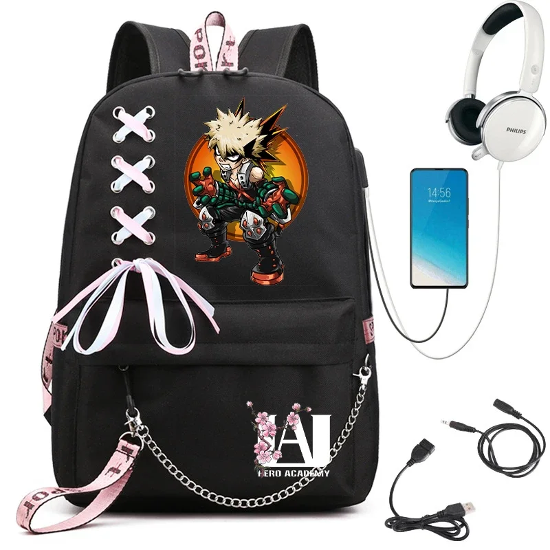 My Hero Academia Anime Plecak damski Port Usb Damski plecak podróżny Torba na ramię Katsuki Bakugo Trend laptopa