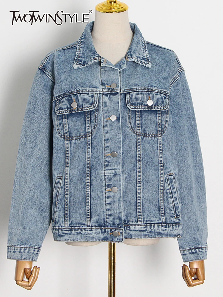 

TWOTWINSTYLE Basic Denim Jacket For Women Lapel Long Sleeve Casual Solid Jackets Female Fashion New Clothing 2022 Spring Style