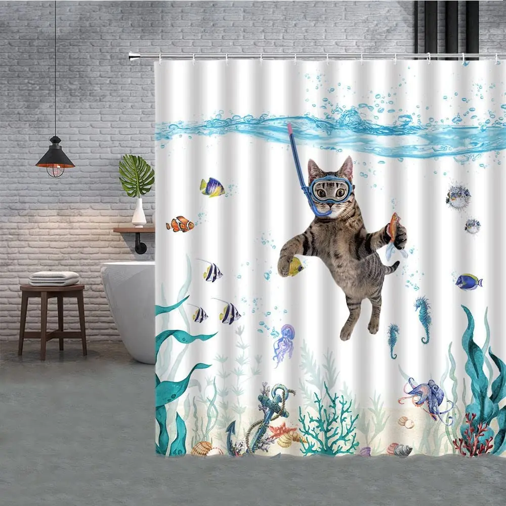 

Забавные шторы для душа в виде кота с крючками, декор для ванной комнаты, милая морская кошка, искусственная кожа, мультяшное животное, 3d занавеска для ванной