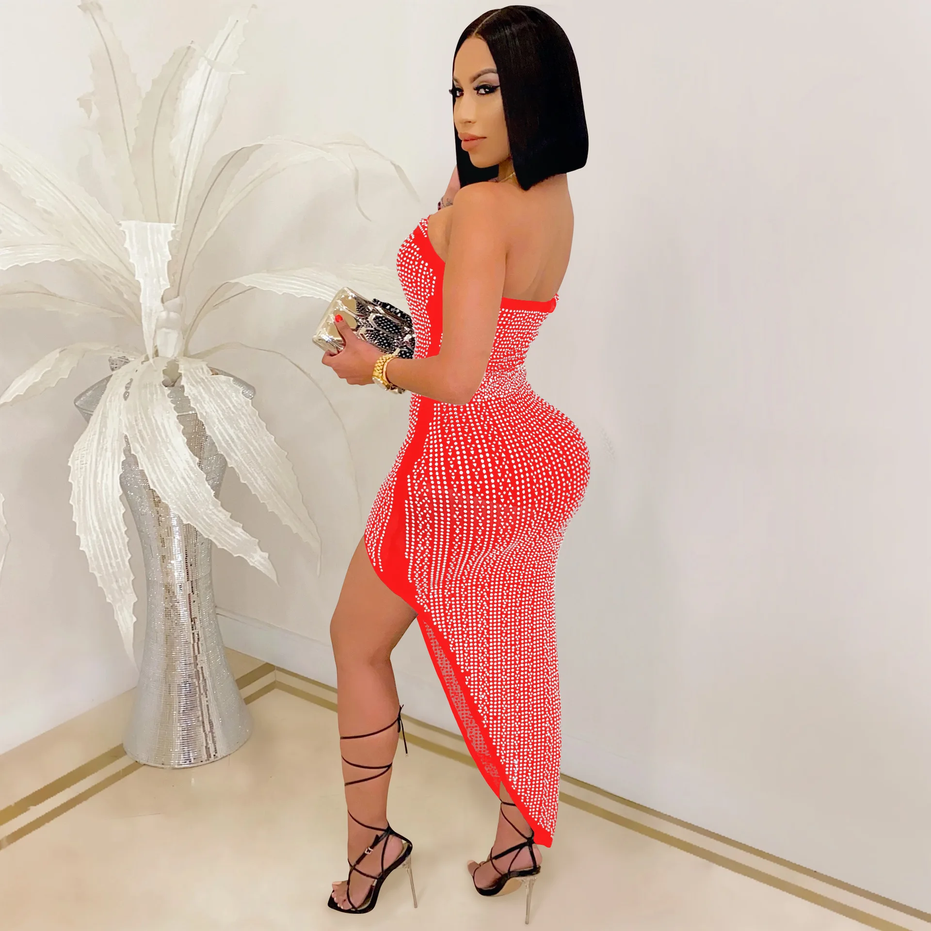 2022 New Bodycon Dress Solid Diamond Strapless Off Shoulder Sexy Celebrity Party Midi Dress Vestidos