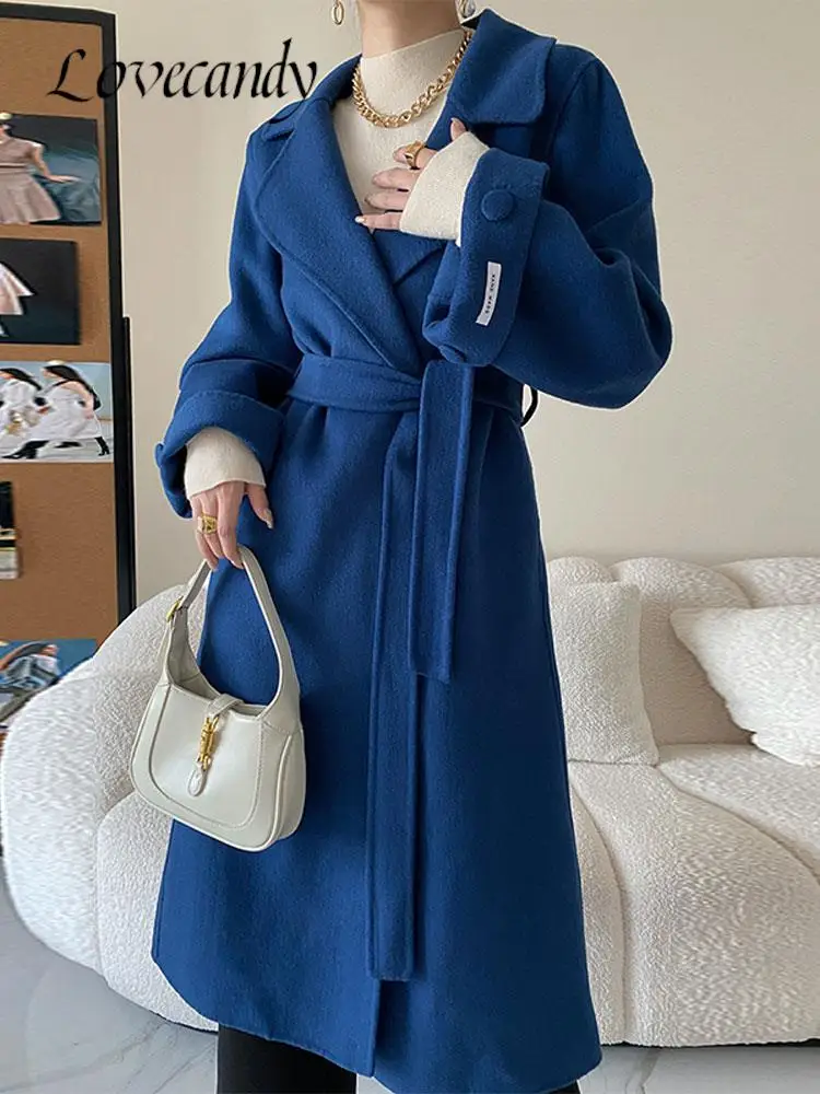 

Office Ladies Elegant Wool Coat Autumn Long Sleeve Lapel Belt Solid Overcoat French Women Winter Thicken Warm Windbreaker Coats