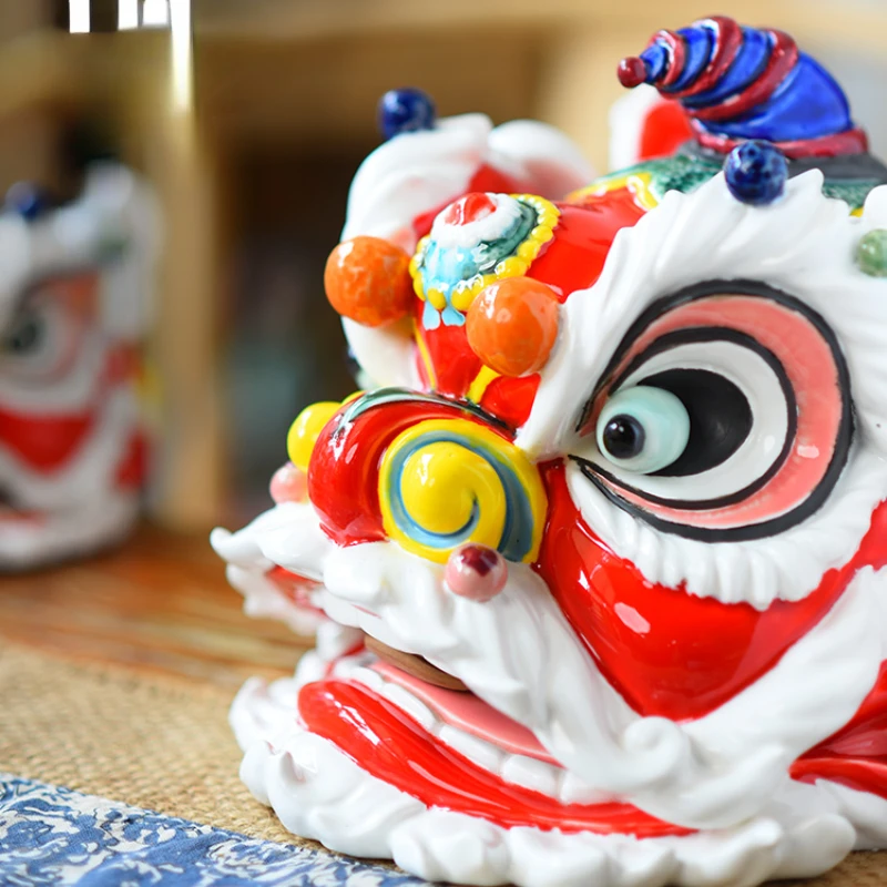 

Decoration Lion Head Lion Dance Drum Ceramic Stone Bay Doll New Chinese Living Room Decoration Home Ornament