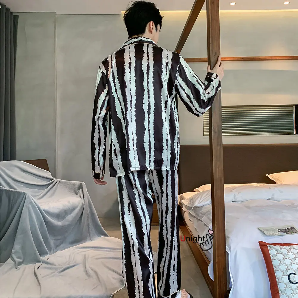 Men Silk Satin Pajamas Sets Long Sleeve Pyjamas Suit Sleepwear Pijama Men Loungewear Plus Size Set L-5XL Sleepwear Set Nightwear