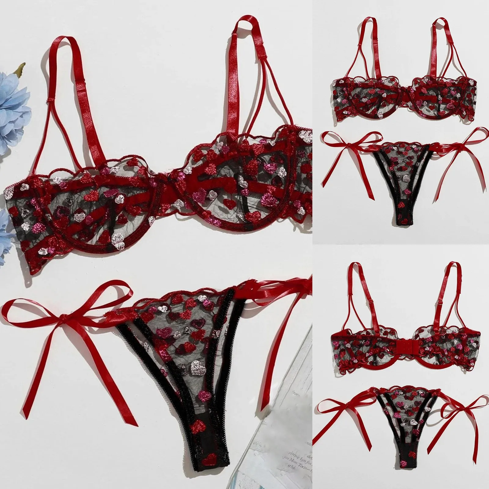 

Sexy Lingerie Fashion Love Embroidery Bra G-String Thong Sleepwear Underwear Women Lingerie Bandage Lingerie Set Plus Size#D