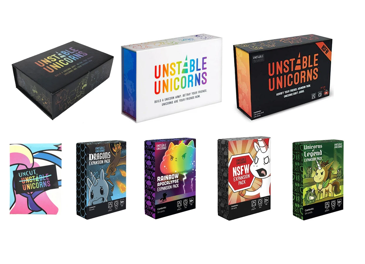 

Unstable Unicorns Card Game Strategic Fun Board Party Game New Second Edition Black NSFW White Box With 5 Expansion Packs