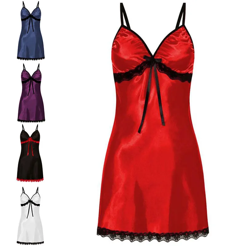 

Women Sexy Lingerie Summer Satin silk Night Gown Lace Patchwork Bowknot Night Dress Spaghetti Strap Sleepwear Ladies Nightwear