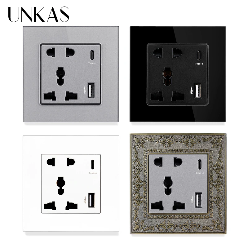 

UNKAS Type-C USB Port Universal 5 Hole Pin Socket Glass Plastic 4D Embossing Zinc Alloy Panel Panel 3100mA Quick Charge Outlet