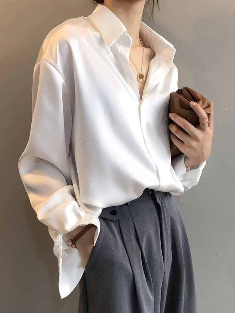 Deeptown Satin Silk Shirt Top Women Vintage Button Up Solid Blouse Office Lady Loose White Long Sleeves T-shirt Female Korean