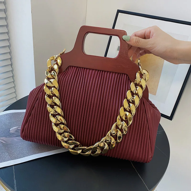 

Simple Solid Color Pleated Shoulder Bag Fashion Design Chain Crossbody Bags Quality Luxury Top Handbag Large Capacity Tote Bags