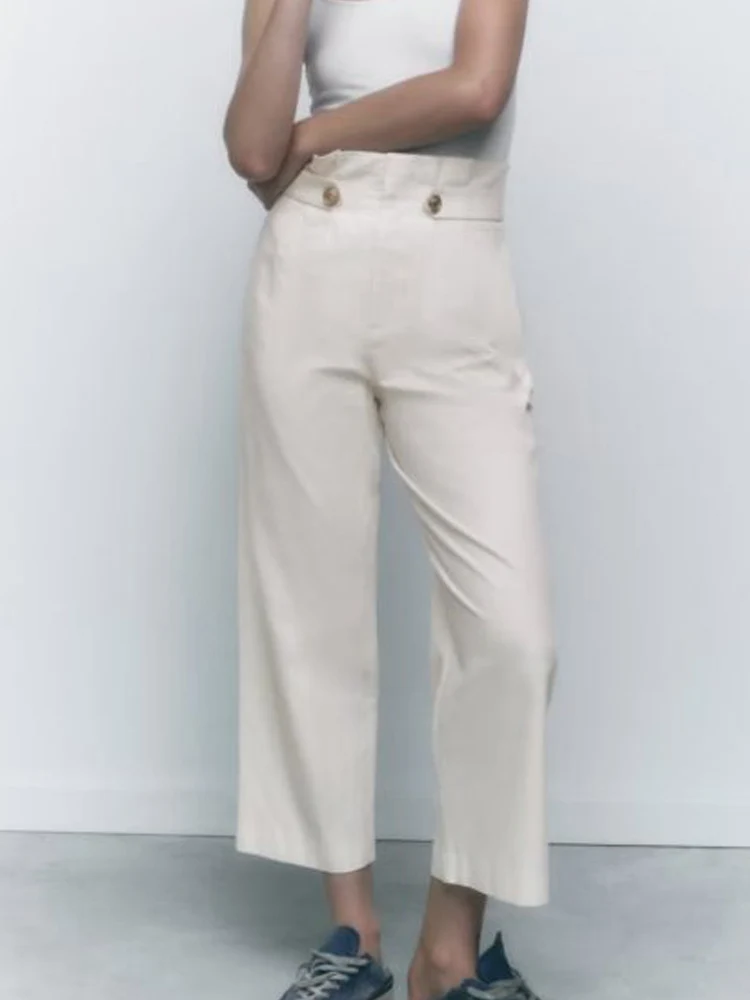 

2023 Women Autumn Wide Leg Pants Fashion Solid Buttons High Waist Ankle-Length Pants Female Elegant Street Trousers Clothing