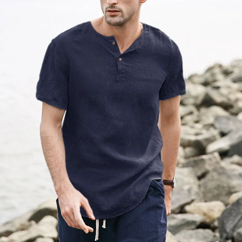 2022 New Summer Round Neck Solid Color Short Sleeve Men's Casual Retro Linen V-neck Short Sleeve Shirt Ropa De Hombre