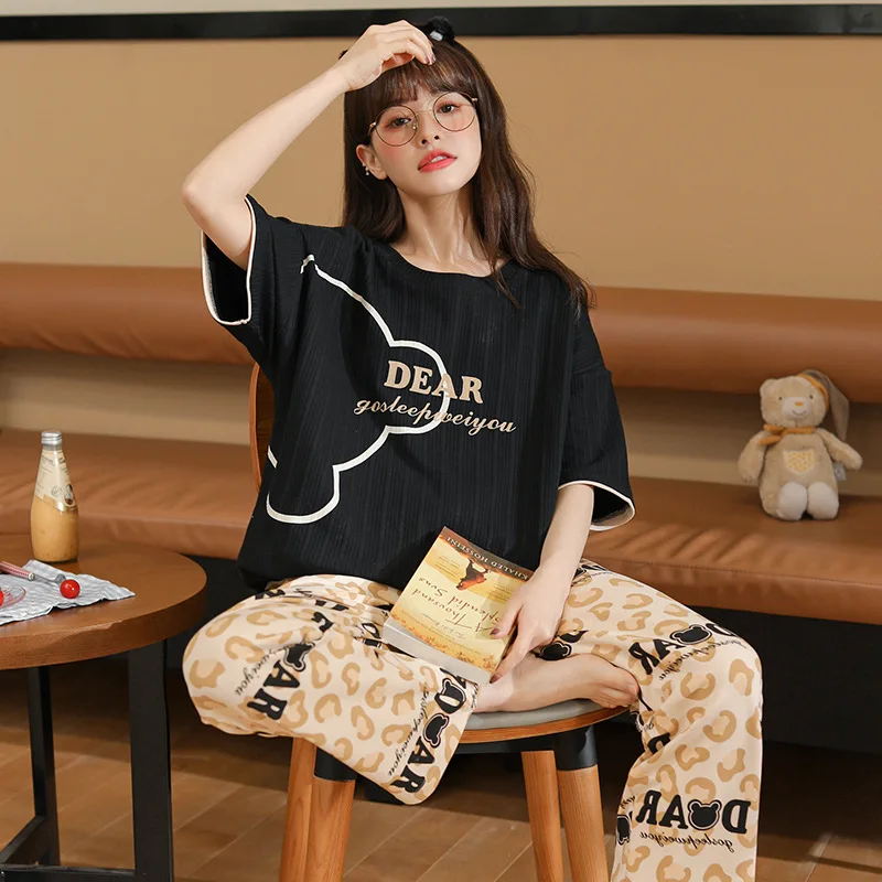 

Summer Pajamas Women's Short Sleeve Trousers Loose Cute Round Neck Thin Suit Students Can Wear Spring and Summer Home Clothes