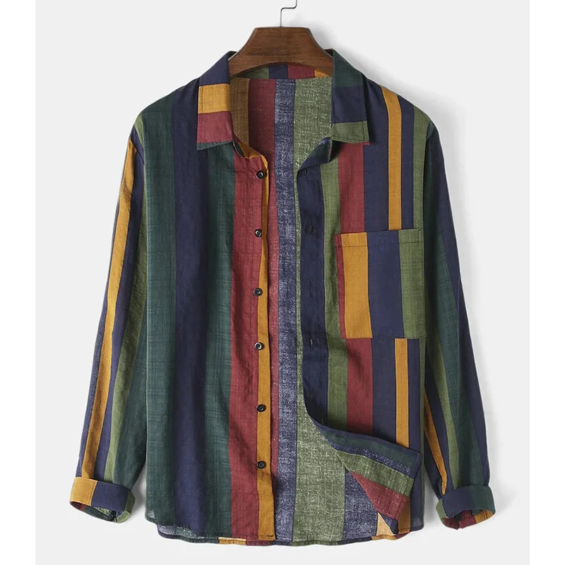 

Autumn and winter new fashion cotton men's casual shirt colorful stripes long-sleeved lapel street green men's top S-3XL
