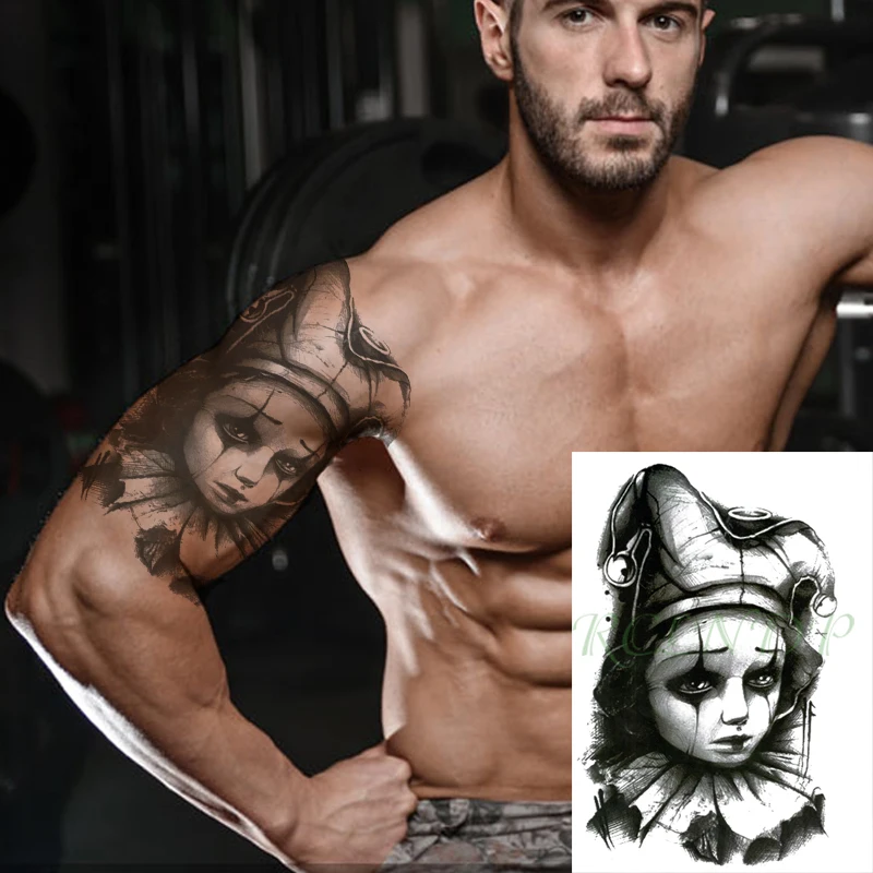 Непромокаемая временная наклейка на татуировку "Клоун в стиле грусти, девочка во флеш-татуировке, фальшивые татуировки на ноге и руке, искусство для мужчин и женщин".