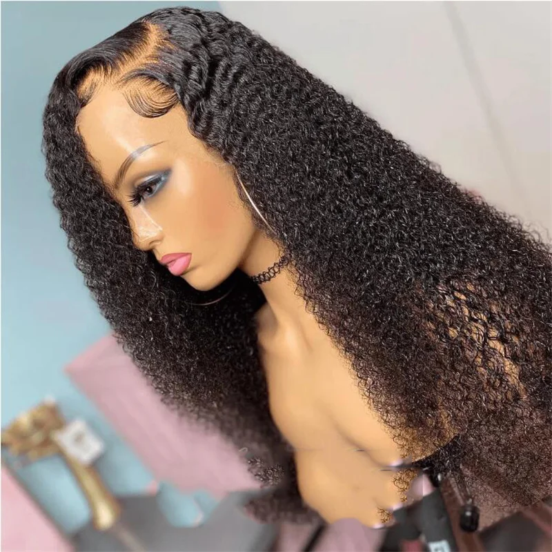 

Natural Black Long 26Inch 180%Density Kinky Curly Preplucked Soft Glueless Deep Lace Front Wig For Women BabyHair Daily Cosplay
