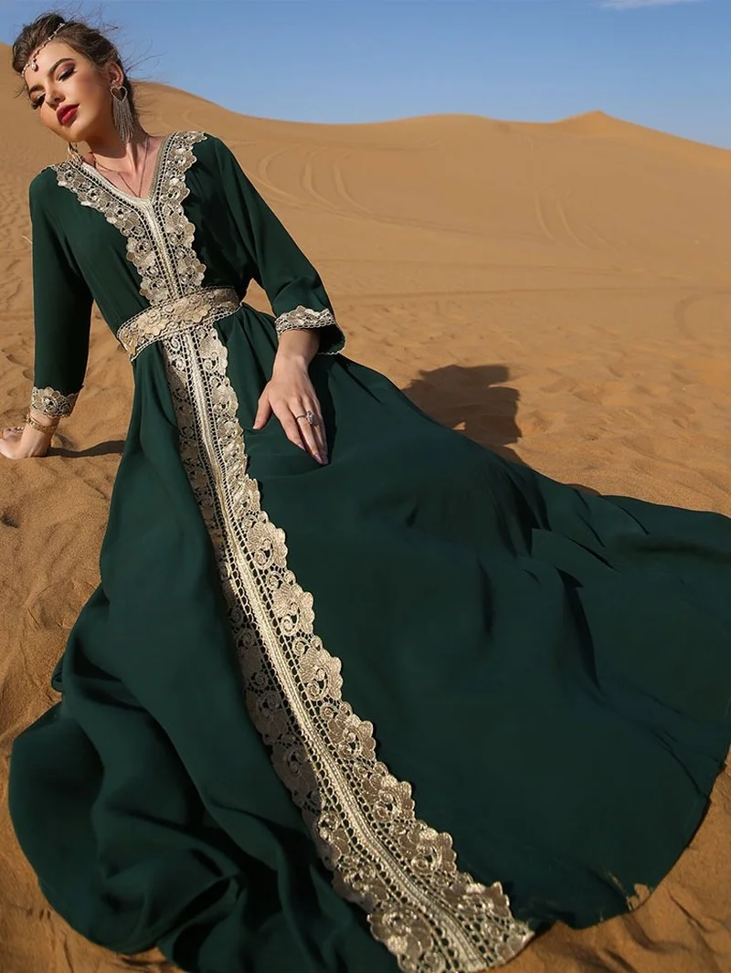Kaftan with Embroidery Women Vintage Arabic Abaya Jalabiya Moroccan Caftan Belted Muslim Dubai Saudi Long Dress Party Ramadan