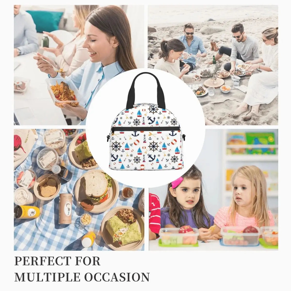 Nautical Theme Lunch Bag with Handle Clutch Cooler Bag Takeaway Fancy Meal Thermal Bag images - 6