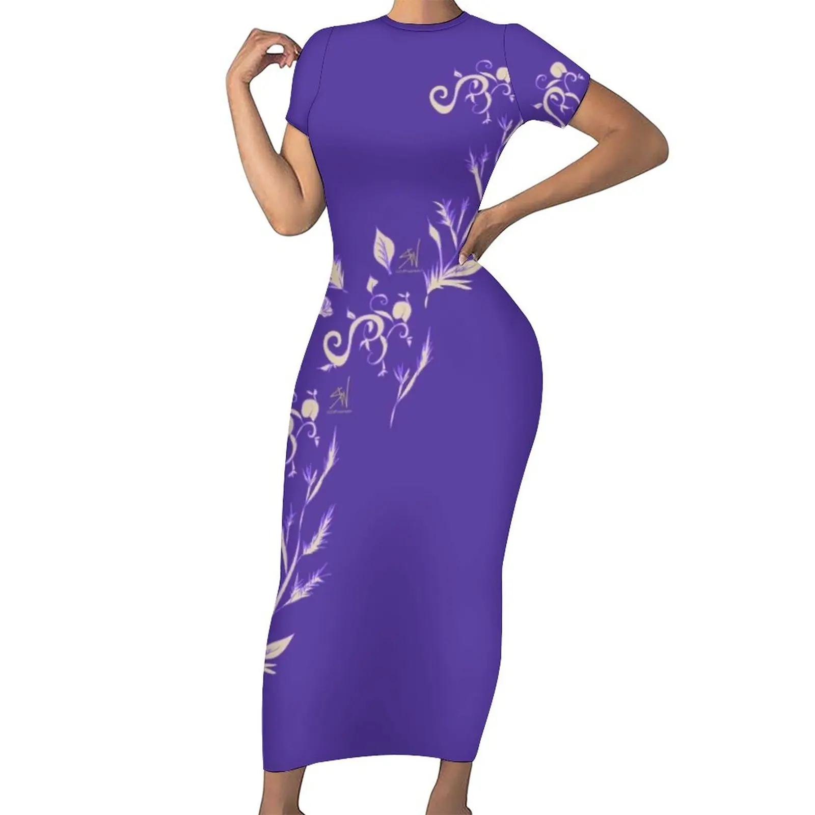 

Vintage Lavender Bodycon Dress Ladies Purple Floral Dilly Sicat Elegant Maxi Dresses Summer Short Sleeve Aesthetic Graphic Dress
