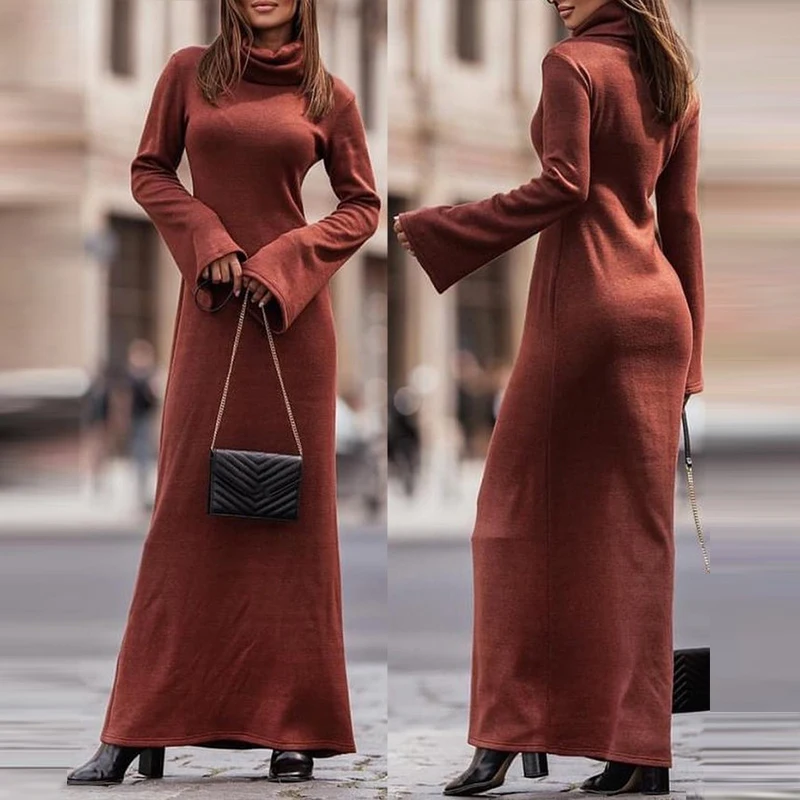 

Осеннее элегантное Однотонное Платье макси с воротником-шарфом, зимнее повседневное длинное платье с длинным рукавом, женские модные хлопковые платья с высоким воротником