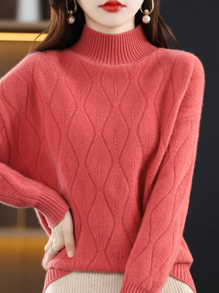 

AutumnWinter Women Clothing 2023 Fashion 100% Merino Wool Traf Tops Jersey Sweater Mock Neck Full Sleeve Pleated Jumper Knitwear