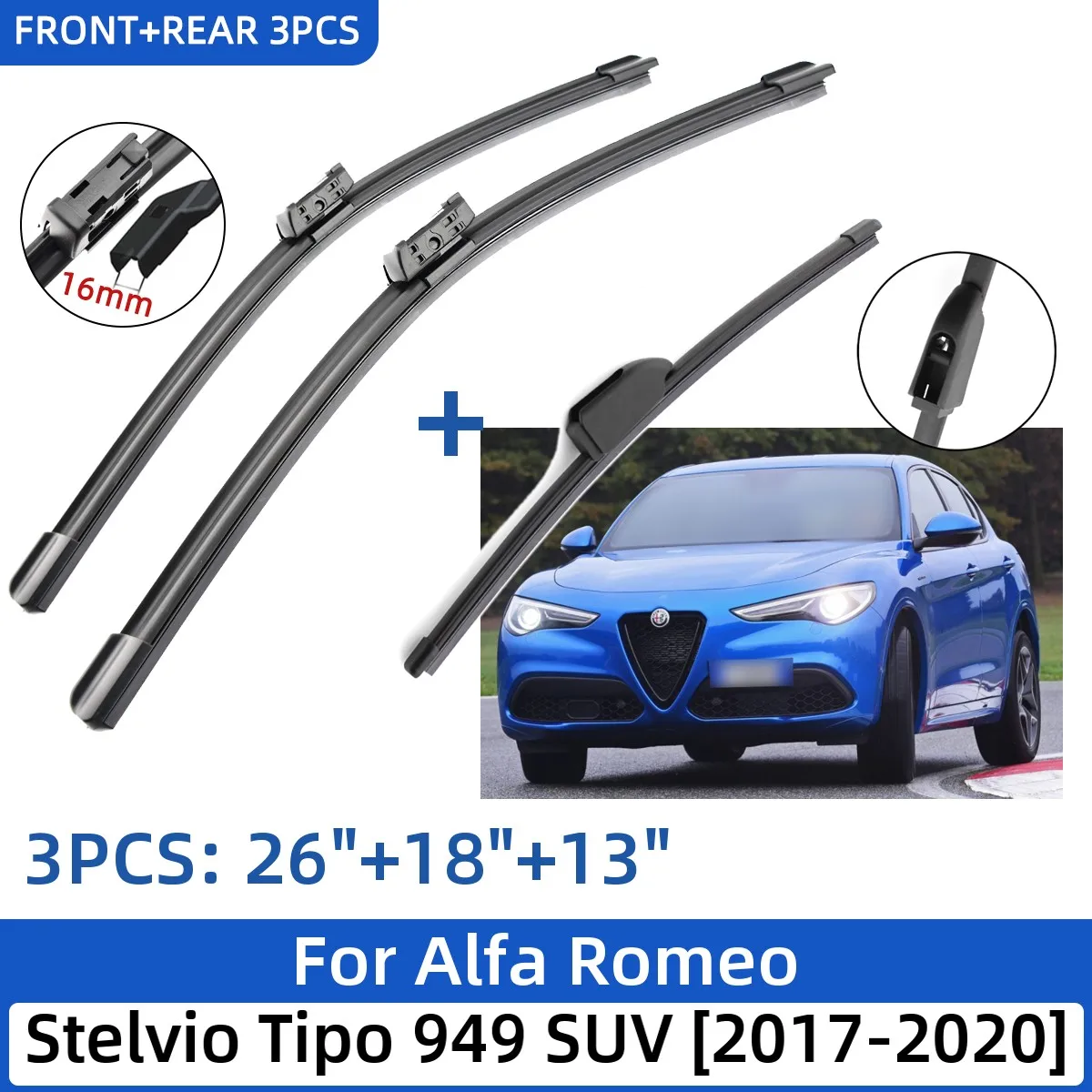 

For Alfa Romeo Stelvio Tipo 949 SUV 2017-2020 26"+18"+13" Front Rear Wiper Blades Windshield Windscreen Window Cutter Accessorie