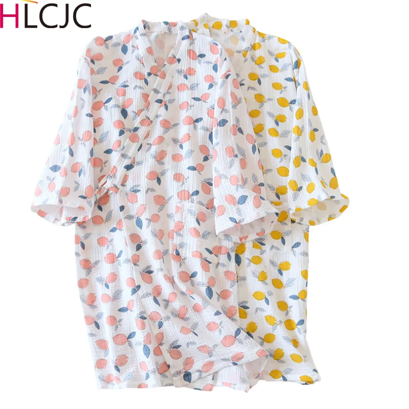 

Women's Kimono Nightgown 100% Cotton Gauze Crepe Womens Robe Spring Thin Bathrobes Knitted Printing Sleepwear Long Sleeve Robes