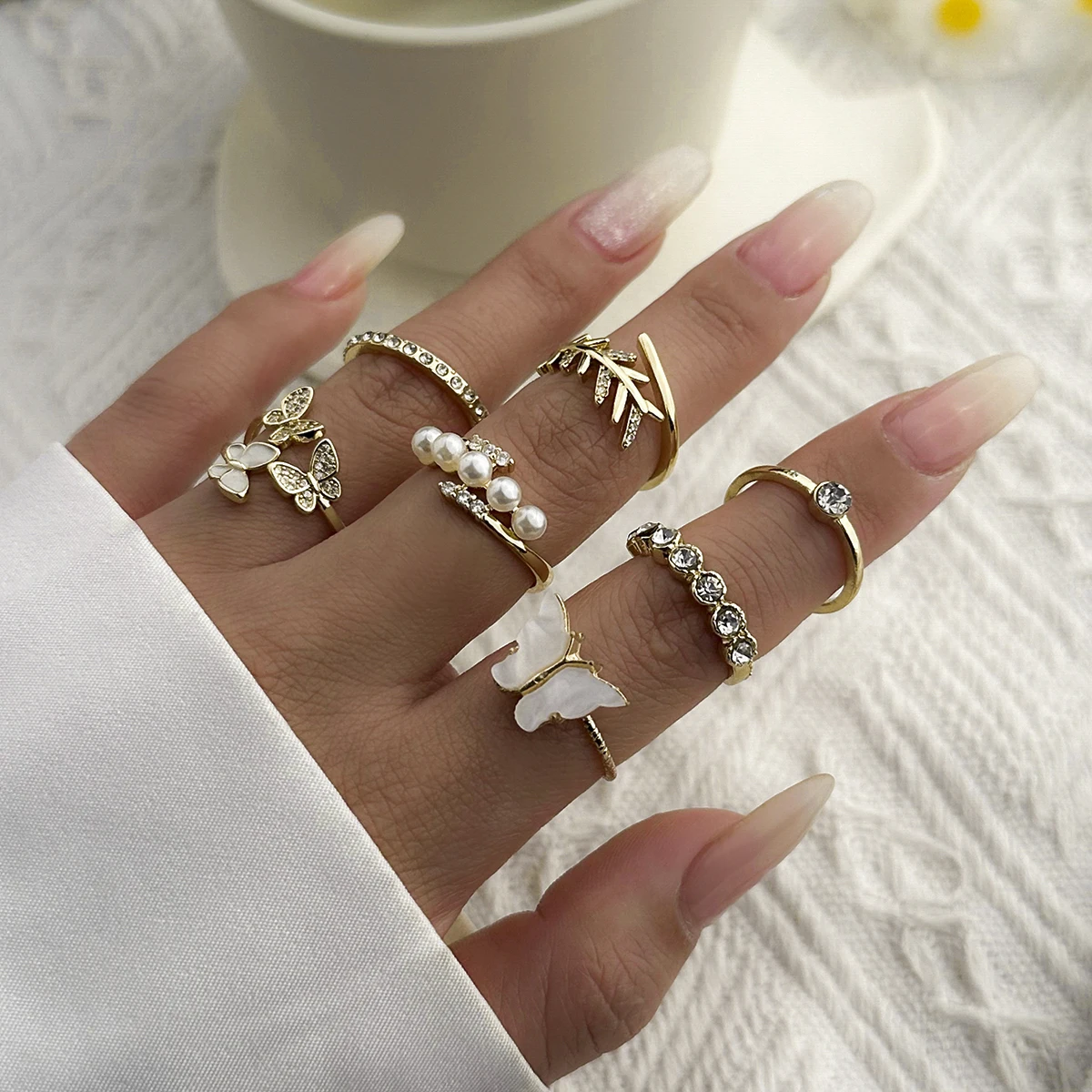 

PuRui Bohemia 7Pcs Aesthetic Design Rhinestone Ring Set For Women Fashion Leaf Butterfly Finger Ring Trend Party Jewelry