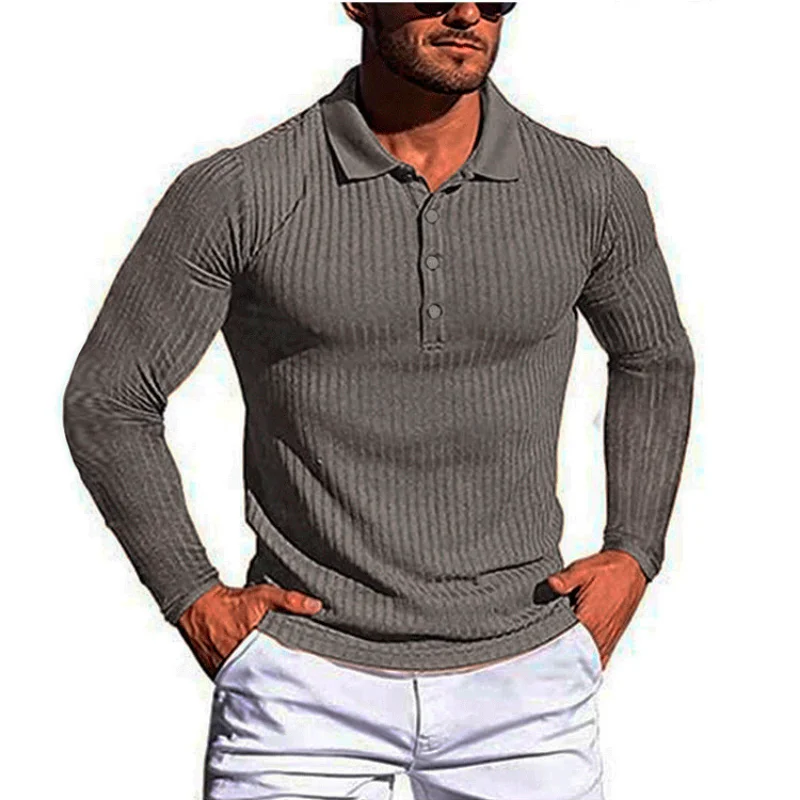 

2023 High Quality New Men's Running Sports Fitness Clothes Elastic Vertical Strip Long-sleeved Lapel Shirt Slim Tops